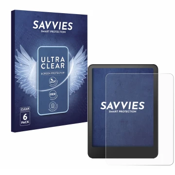 Parte frontal de un envase de producto con el logotipo de la marca Savvies. Al lado se muestra el dispositivo Amazon Kindle Pa