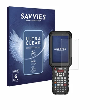 Parte frontal de un envase de producto con el logotipo de la marca Savvies. Al lado se muestra el dispositivo Honeywell CK67 c