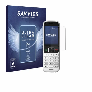 Parte frontal de un envase de producto con el logotipo de la marca Savvies. Al lado se muestra el dispositivo Unify OpenScape 