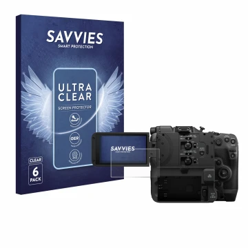 Parte frontal de un envase de producto con el logotipo de la marca Savvies. Al lado se muestra el dispositivo Canon EOS C400 c