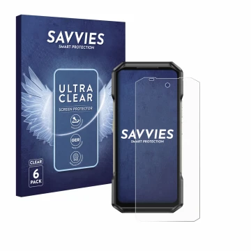 Parte frontal de un envase de producto con el logotipo de la marca Savvies. Al lado se muestra el dispositivo Ulefone Armor 27