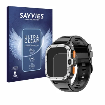 Parte frontal de un envase de producto con el logotipo de la marca Savvies. Al lado se muestra el dispositivo HS Smartwatch 2