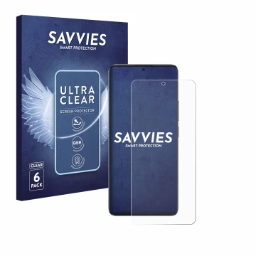 Parte frontal de un envase de producto con el logotipo de la marca Savvies. Al lado se muestra el dispositivo Xiaomi Poco F7 P