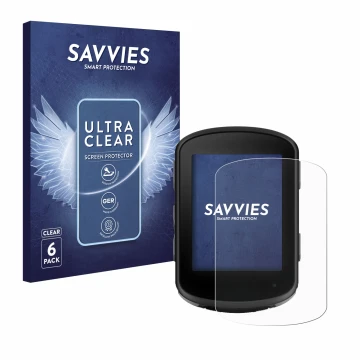 Parte frontal de un envase de producto con el logotipo de la marca Savvies. Al lado se muestra el dispositivo Garmin Edge 840 