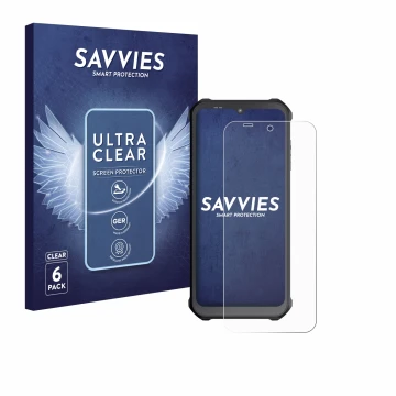 Parte frontal de un envase de producto con el logotipo de la marca Savvies. Al lado se muestra el dispositivo Sonim XP400 con 