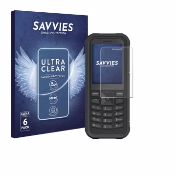 Parte frontal de un envase de producto con el logotipo de la marca Savvies. Al lado se muestra el dispositivo Sonim XP100 con 