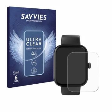 Parte frontal de un envase de producto con el logotipo de la marca Savvies. Al lado se muestra el dispositivo Hama Fit Watch 5
