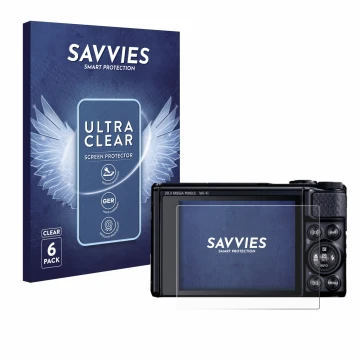 Parte frontal de un envase de producto con el logotipo de la marca Savvies. Al lado se muestra el dispositivo Canon PowerShot 