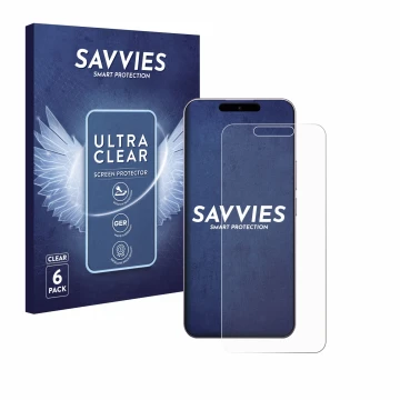 Parte frontal de un envase de producto con el logotipo de la marca Savvies. Al lado se muestra el dispositivo Oukitel P1 con s
