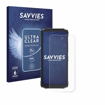 Parte frontal de un envase de producto con el logotipo de la marca Savvies. Al lado se muestra el dispositivo Doogee Fire 6 Po