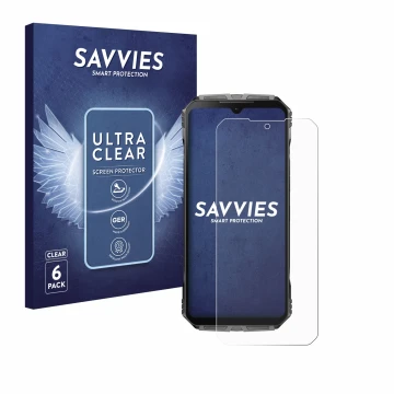 Parte frontal de un envase de producto con el logotipo de la marca Savvies. Al lado se muestra el dispositivo Doogee S Cyber c