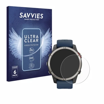 Parte frontal de un envase de producto con el logotipo de la marca Savvies. Al lado se muestra el dispositivo Garmin quatix 7 