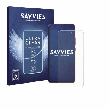 Parte frontal de un envase de producto con el logotipo de la marca Savvies. Al lado se muestra el dispositivo Oppo A5 Pro con 
