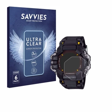 Parte frontal de un envase de producto con el logotipo de la marca Savvies. Al lado se muestra el dispositivo Casio G-Shock GP