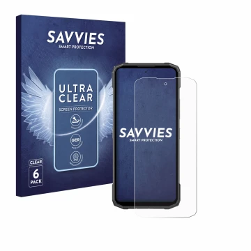 Parte frontal de un envase de producto con el logotipo de la marca Savvies. Al lado se muestra el dispositivo Doogee Blade 10 