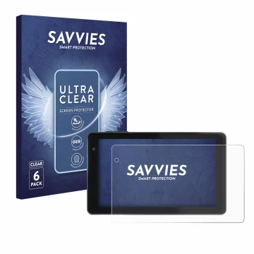 Parte frontal de un envase de producto con el logotipo de la marca Savvies. Al lado se muestra el dispositivo Lisciani Mio Tab