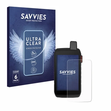Parte frontal de un envase de producto con el logotipo de la marca Savvies. Al lado se muestra el dispositivo Garmin Montana 7