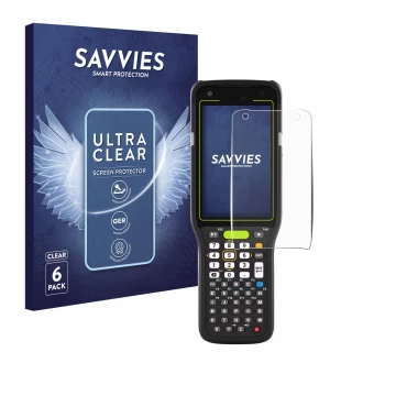 Parte frontal de un envase de producto con el logotipo de la marca Savvies. Al lado se muestra el dispositivo Zebra MC3400 con