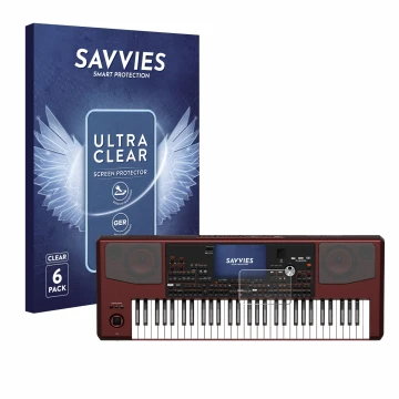 Parte frontal de un envase de producto con el logotipo de la marca Savvies. Al lado se muestra el dispositivo KORG Pa700 con s
