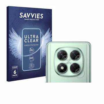 Parte frontal de un envase de producto con el logotipo de la marca Savvies. Al lado se muestra el dispositivo Xiaomi Poco X7 (