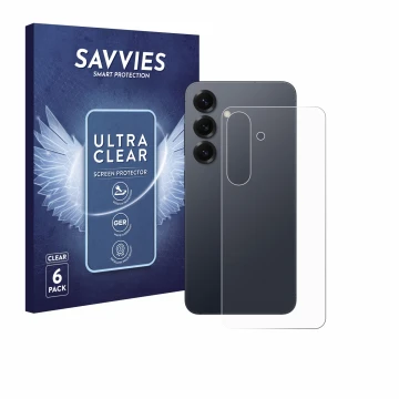 Parte frontal de un envase de producto con el logotipo de la marca Savvies. Al lado se muestra el dispositivo Samsung Galaxy S