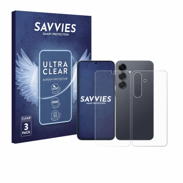 Parte frontal de un envase de producto con el logotipo de la marca Savvies. Al lado se muestra el dispositivo Samsung Galaxy S