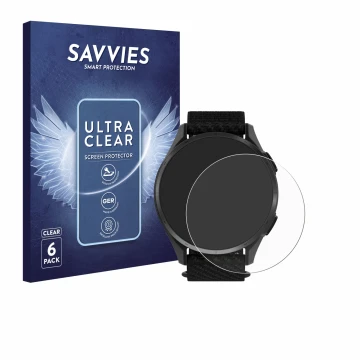 Parte frontal de un envase de producto con el logotipo de la marca Savvies. Al lado se muestra el dispositivo Garmin Approach 