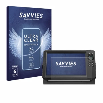 Parte frontal de un envase de producto con el logotipo de la marca Savvies. Al lado se muestra el dispositivo Lowrance Eagle 9