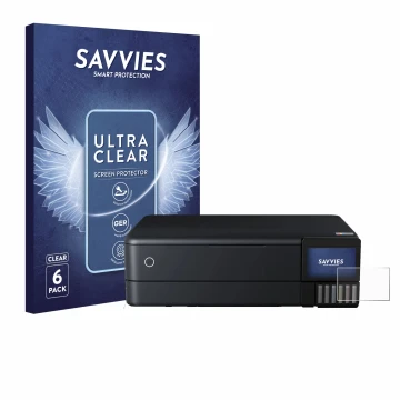 Parte frontal de un envase de producto con el logotipo de la marca Savvies. Al lado se muestra el dispositivo Epson EcoTank ET