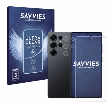 Parte frontal de un envase de producto con el logotipo de la marca Savvies. Al lado se muestra el dispositivo Samsung Galaxy S