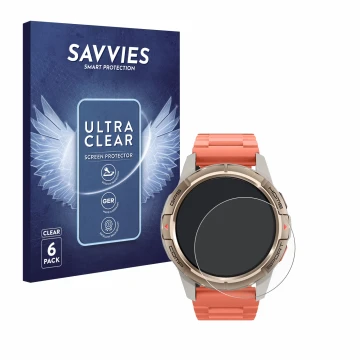Parte frontal de un envase de producto con el logotipo de la marca Savvies. Al lado se muestra el dispositivo Xiaomi Mibro GS 