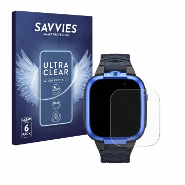 Parte frontal de un envase de producto con el logotipo de la marca Savvies. Al lado se muestra el dispositivo Xiaomi Mibro Kid