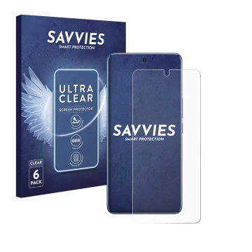 Parte frontal de un envase de producto con el logotipo de la marca Savvies. Al lado se muestra el dispositivo Vivo V50 con su 