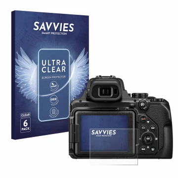 Parte frontal de un envase de producto con el logotipo de la marca Savvies. Al lado se muestra el dispositivo Nikon Coolpix P1