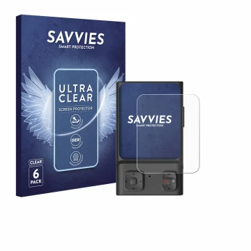 Parte frontal de un envase de producto con el logotipo de la marca Savvies. Al lado se muestra el dispositivo Hoverair Beacon 