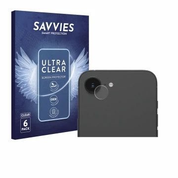 Parte frontal de un envase de producto con el logotipo de la marca Savvies. Al lado se muestra el dispositivo Apple iPhone 16e