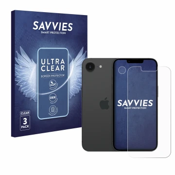 Parte frontal de un envase de producto con el logotipo de la marca Savvies. Al lado se muestra el dispositivo Apple iPhone 16e