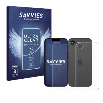 Parte frontal de un envase de producto con el logotipo de la marca Savvies. Al lado se muestra el dispositivo Apple iPhone 16e