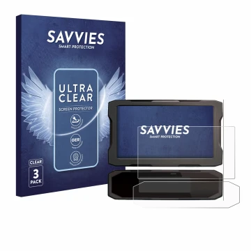 Parte frontal de un envase de producto con el logotipo de la marca Savvies. Al lado se muestra el dispositivo Honda NT 1100 20