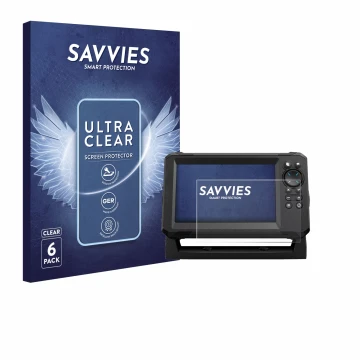 Parte frontal de un envase de producto con el logotipo de la marca Savvies. Al lado se muestra el dispositivo Lowrance Eagle 7