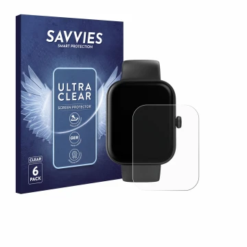 Parte frontal de un envase de producto con el logotipo de la marca Savvies. Al lado se muestra el dispositivo Hama Smartwatch 