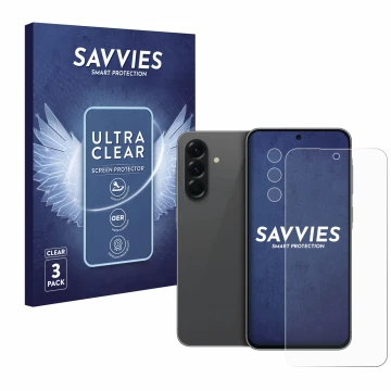 Parte frontal de un envase de producto con el logotipo de la marca Savvies. Al lado se muestra el dispositivo Samsung Galaxy A