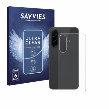 Parte frontal de un envase de producto con el logotipo de la marca Savvies. Al lado se muestra el dispositivo Samsung Galaxy A