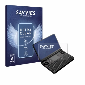 Parte frontal de un envase de producto con el logotipo de la marca Savvies. Al lado se muestra el dispositivo GPD Win Mini (20
