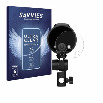 Parte frontal de un envase de producto con el logotipo de la marca Savvies. Al lado se muestra el dispositivo Profoto A2 con s