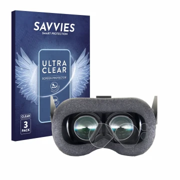 Parte frontal de un envase de producto con el logotipo de la marca Savvies. Al lado se muestra el dispositivo Valve Index VR-H