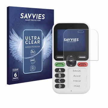 Parte frontal de un envase de producto con el logotipo de la marca Savvies. Al lado se muestra el dispositivo Doro Leva X10 co