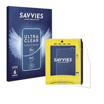 Parte frontal de un envase de producto con el logotipo de la marca Savvies. Al lado se muestra el dispositivo Nayax VPOS TOUCH