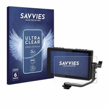 Parte frontal de un envase de producto con el logotipo de la marca Savvies. Al lado se muestra el dispositivo Feelworld F5 PRO
