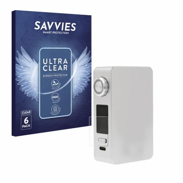 Parte frontal de un envase de producto con el logotipo de la marca Savvies. Al lado se muestra el dispositivo Lost Vape Centau